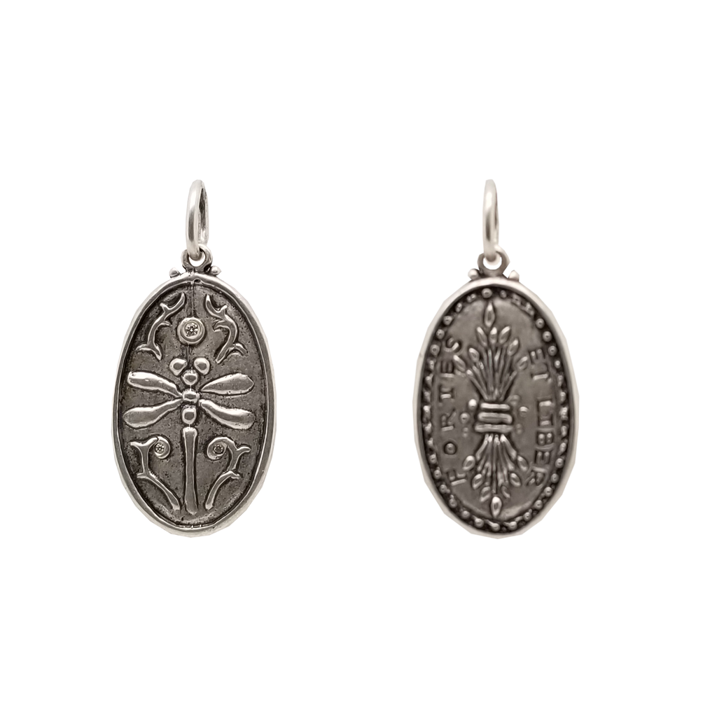 dragonfly + wheat double sided charm with diamond (1) dot .071cts  reads "strong & free" shown in oxidized sterling silver #co71-2