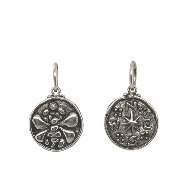 bee + star double sided charm with white diamond .0075cts on bee side in oxidized sterling silver #co80-2