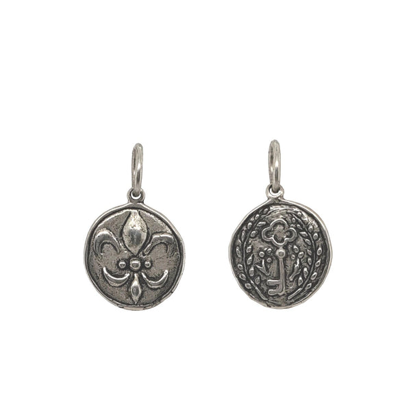 FDL + key NO LATIN double sided charm shown in oxidized sterling silver #co81-0