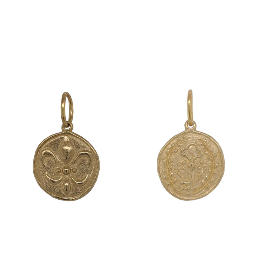 FDL + key NO LATIN double sided charm shown in 14k gold  #co81-1