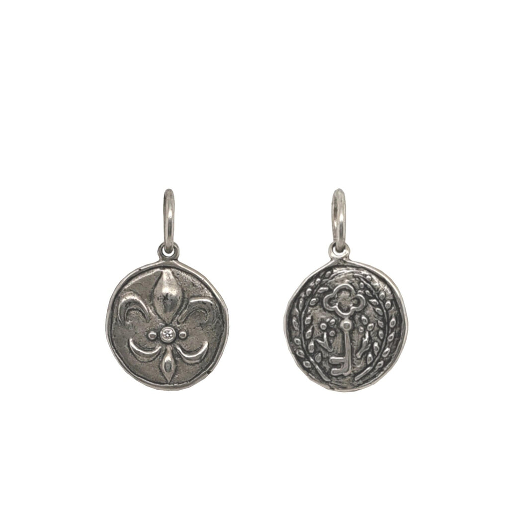 FDL + key NO LATIN double sided charm with diamond dots on front & back .016cts shown in oxidized sterling silver #co81-2