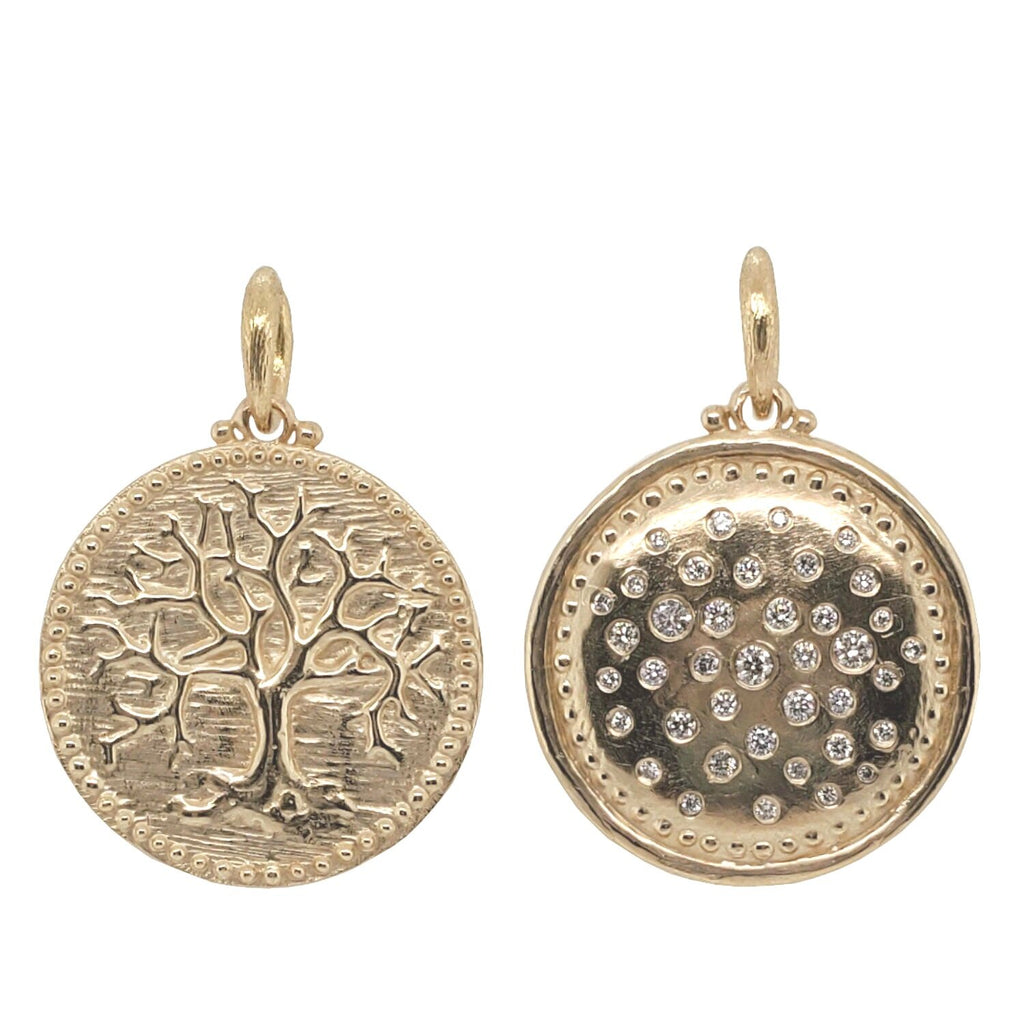 SHIMMER white diamonds .50cts double sided tree of life charm shown in 14k gold #co84-3