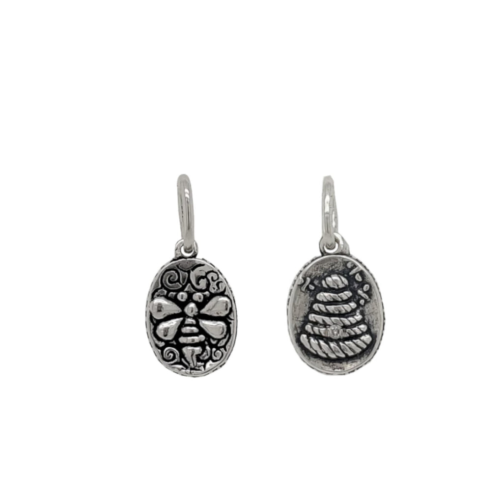 baby bee + beehive double sided charm with white diamond .013cts dot in beehive door shown in oxidized sterling sliver #co86-2