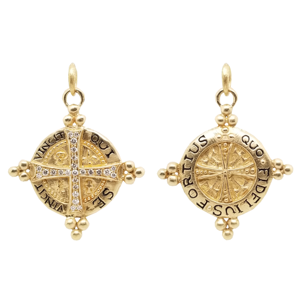 Maltese Latin double sided charm with white diamonds .48cts on cross reads "strength through loyalty" & "he conquers who conquers himself". Shown in 14k gold #co98-3