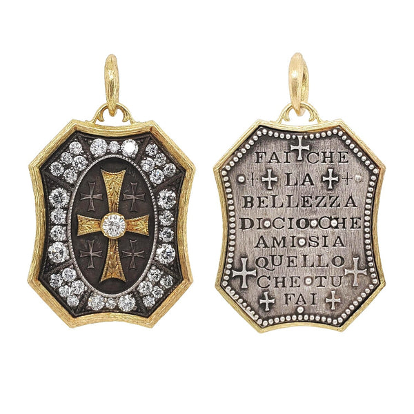 double sided large pave HAND engraved cross with white diamonds .93cts reads "Let the beauty of what you are, be what you  do" by Rumi. Shown in oxidized sterling  silver with 18k gold  cross, rim & bail #dh3-3