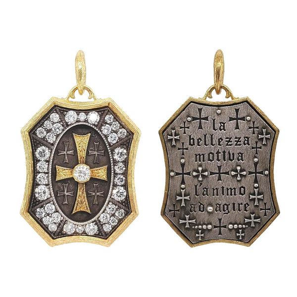 double sided large HAND engraved cross with white diamonds 1.56cts reads "A beautiful thing is never perfect" by Dante Alighieri. Shown in oxidized sterling silver with 18k gold cross, rim & bail  #do2-3