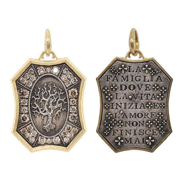 double sided large oval tree of life charm with champagne diamonds .146cts reads "family, where life begins & love never ends" shown in oxidized sterling silver with 18k gold rim &  bail #do3-2