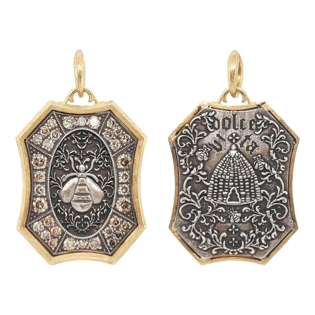 double sided large oval queen bee + beehive charm with champagne diamonds 1.46cts reads "sweet life" shown in oxidized sterling silver with 18k gold rim & bail #do4-2