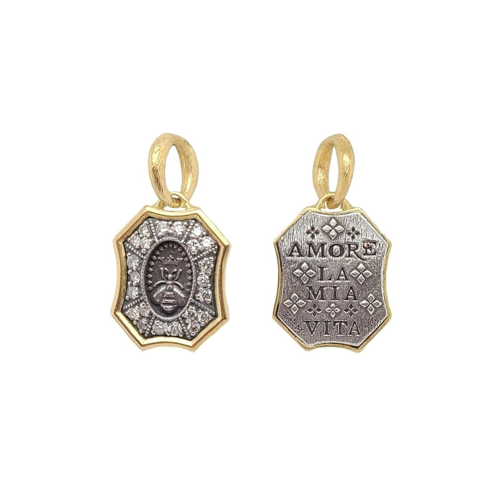 tiny double sided queen bee charm with white diamonds .40cts reads "I love my life" shown in oxidized sterling silver with 18k gold rim & bail #fo1-3