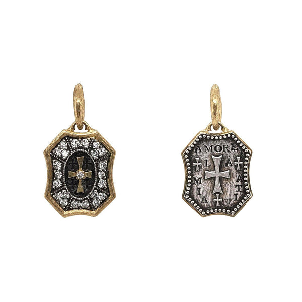 tiny double sided 18k gold with white diamonds .42cts cross charm reads "I love my life" shown in oxidized sterling silver with 18k gold cross, rim & bail #fo4-3