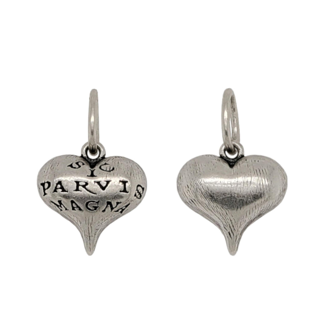 large fat Latin carved heart double sided charm shown in oxidized sterling silver reads "greatness from small beginnings" #ht7L-0