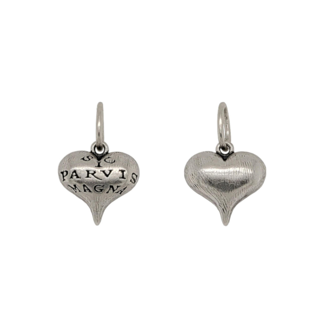 baby fat Latin heart double sided charm shown in oxidized sterling silver reads "greatness from small beginnings" #ht7B-0
