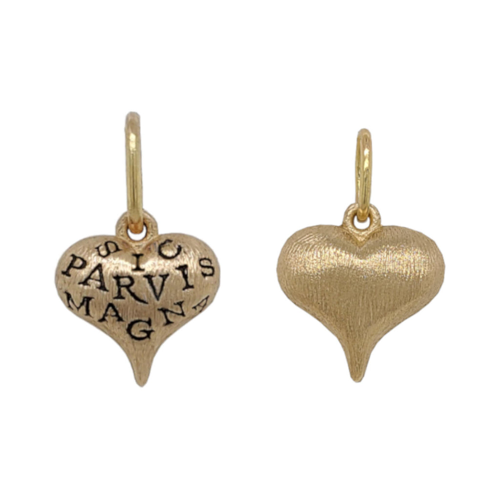 large fat Latin carved heart double sided charm shown in 14k gold reads "greatness from small beginnings " #ht7L-1