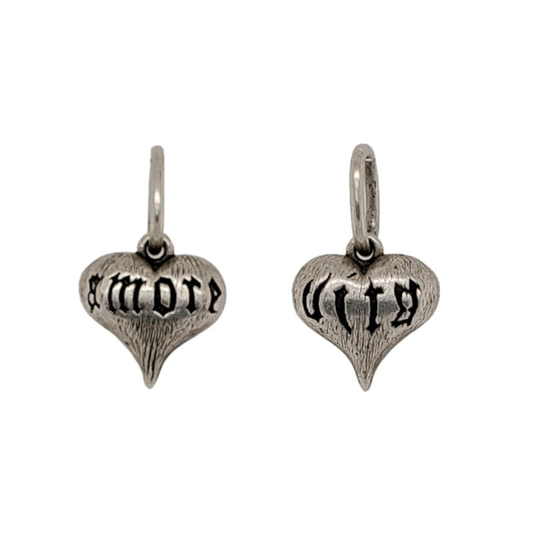 baby fat carved heart reads "love life" shown in oxidized sterling silver #ht9B-0