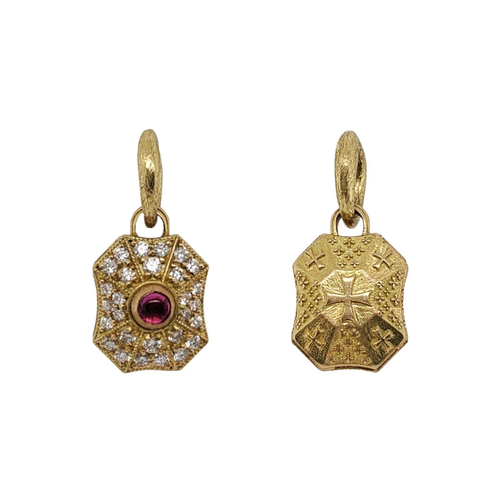 18k gold double sided pave drop baby pillow charm with white diamonds .49cts and pink sapphire center #iB1-3