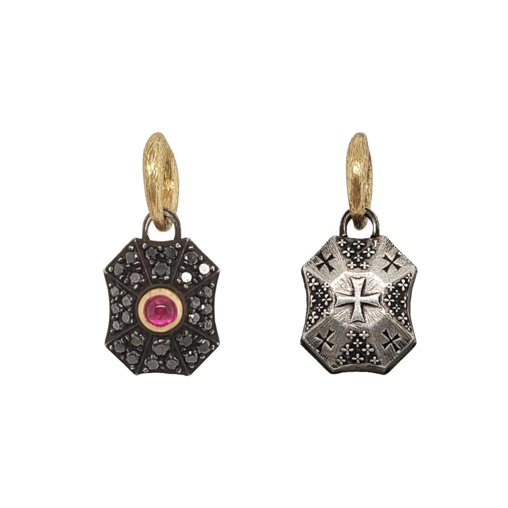 double sided oxidized sterling silver pave baby pillow shown with black diamonds .49cts & pink sapphire center , CROSSES back & 18k gold bezel #iB2-1