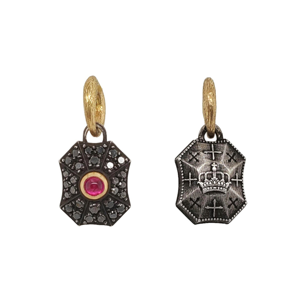 double sided oxidized sterling silver pave baby pillow shown with black diamonds .49cts & pink sapphire center, CROWN back & 18k gold bezel #iB2-1