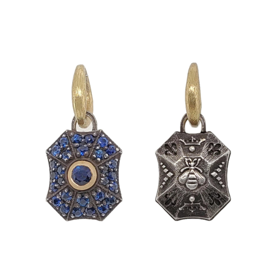 double sided pave baby pillow drop ALL same color shown in oxidized sterling silver , blue sapphires .49cts. & 18k gold bezel BEE  #iB3-3