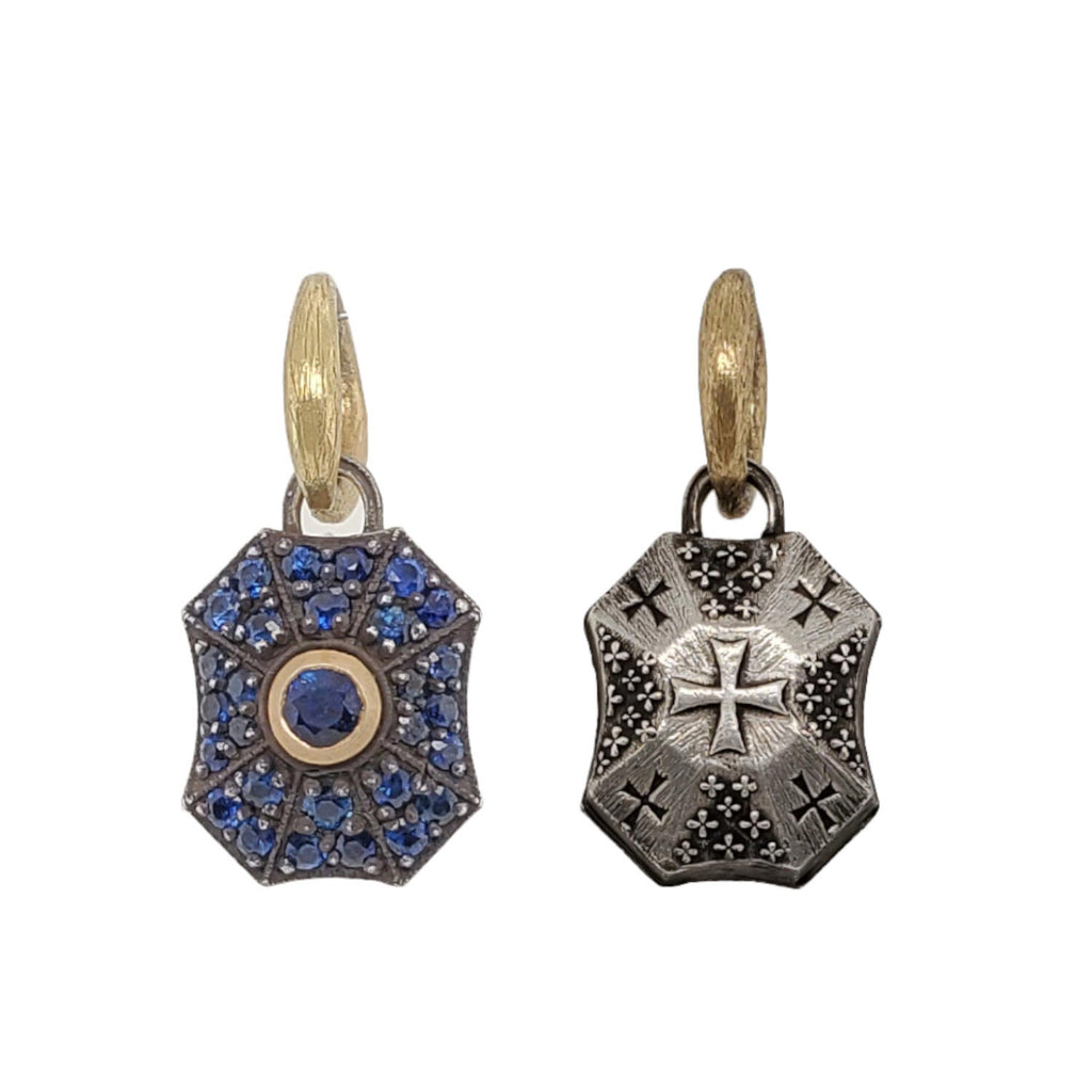 double sided pave baby pillow drop ALL same color shown in oxidized sterling silver , blue sapphires .49cts. & 18k gold bezel CROSSES #iB3-3 /bl