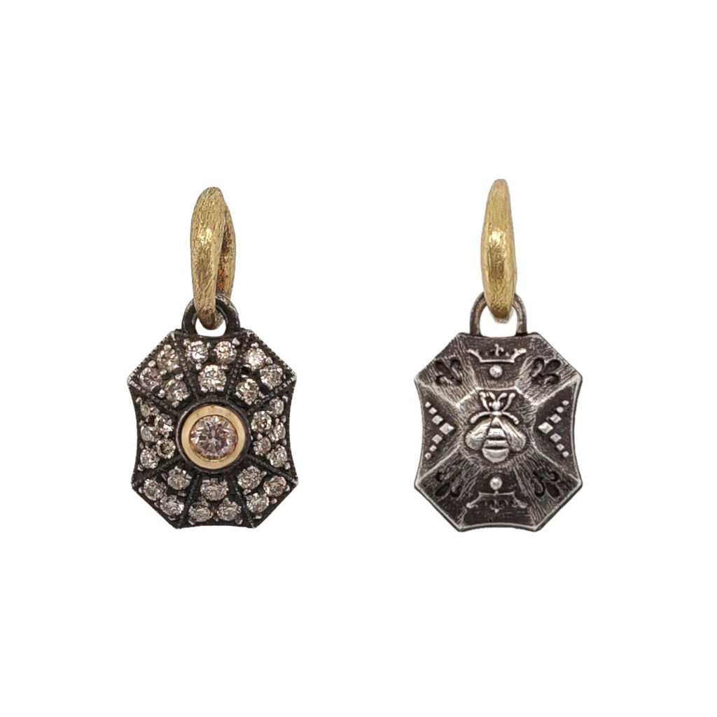 double sided pave baby pillow drop ALL same color shown in oxidized sterling silver , champagne diamonds .49cts. & 18k gold bezel BEE #iB3-4