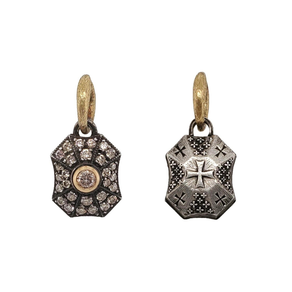 double sided pave baby pillow drop ALL same color shown in oxidized sterling silver , champagne diamonds .49cts. & 18k gold bezel CROSSES #iB3-4