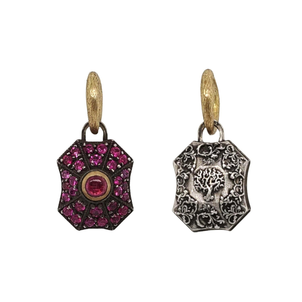 double sided pave baby pillow drop ALL same color shown in oxidized sterling silver , pink sapphires .49cts. & 18k gold bezel TREE #iB3-2
