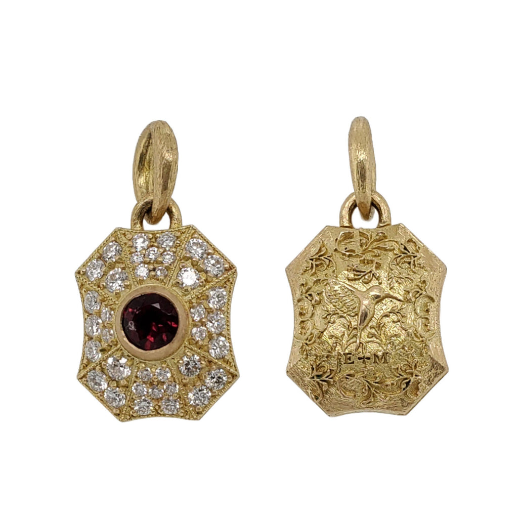 18k gold medium double sided pillow drop with white diamonds & ruby center HUMMINGBIRD  1.59cts #iM1-2
