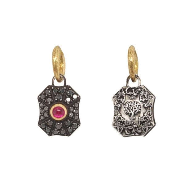 double sided oxidized sterling silver pave baby pillow shown with black diamonds .49cts & pink sapphire center, TREE back &  18k gold bezel  #iB2-1