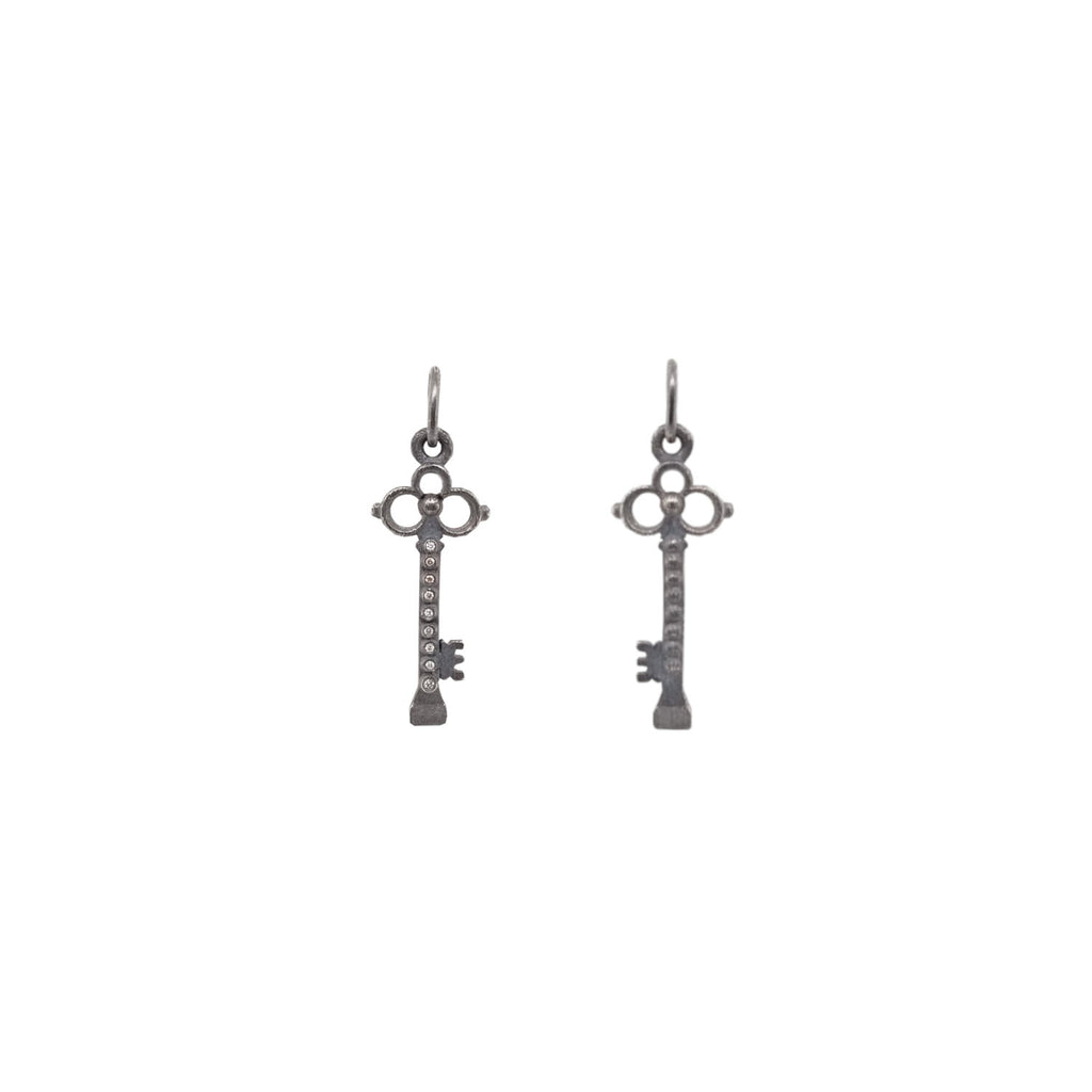 key charm with white diamonds .028cts shown in oxidized sterling silver #key-2/B circle