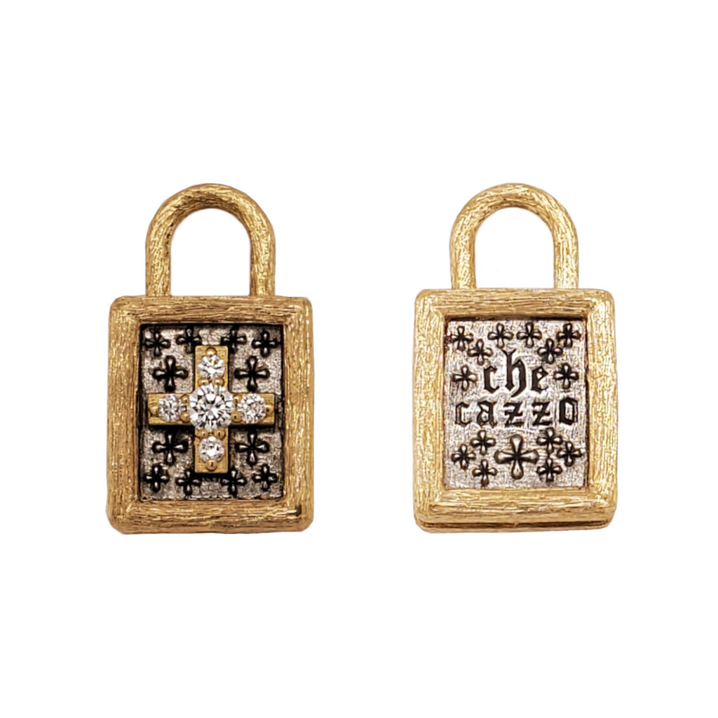 small square double sided WTF diamond .15cts cross padlock shown in oxidized sterling silver with 18k gold rim & hinge #p12b1-d