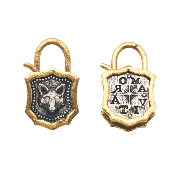baby fox flared double sided padlock charm with diamond .05cts eyes reads "love life" shown in oxidized sterling silver with 18k gold rim & hinge #p1b2-d