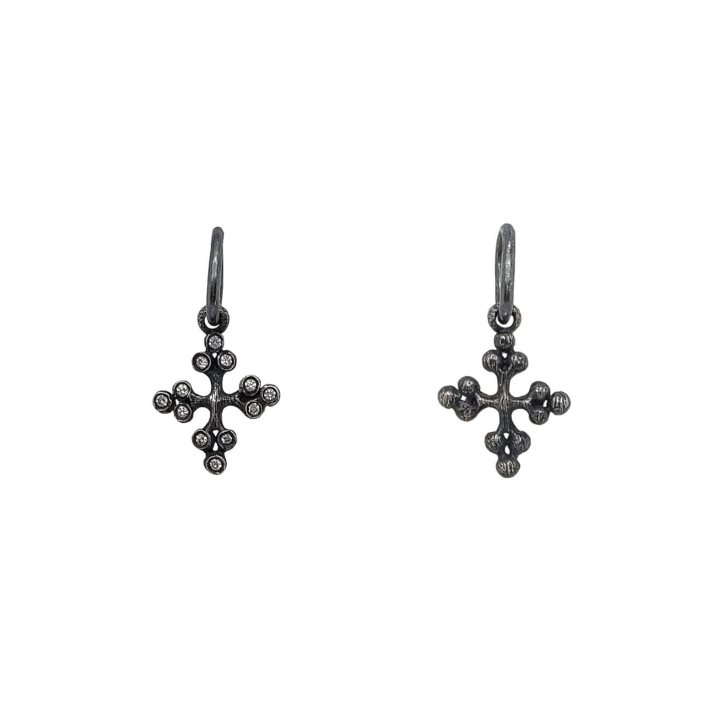 tiny balled double sided cross charm with white diamonds .06cts on tips one side shown in oxidized sterling silver  #s2-2