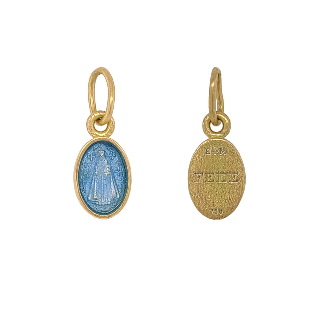 baby oval Mary Magdalene double sided charm reads "faith" shown in 18k gold & vitreous glass enamel #v10