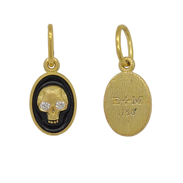 baby oval double sided skull charm shown with diamond eyes .056cts  in 18k gold & vitreous glass enamel #v6b-d